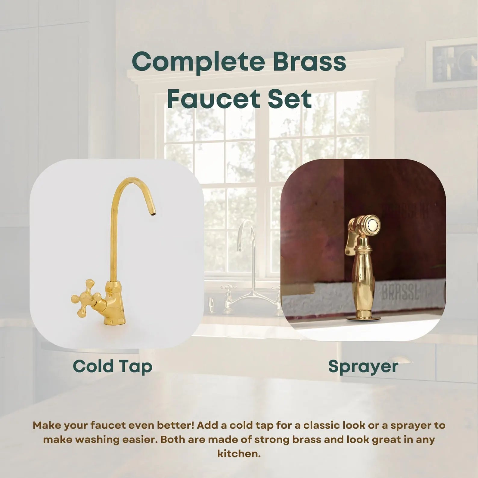 Unlacquered Brass Kitchen Faucet, Center ball Bridge Sink with Sprayer &amp; cold water tap