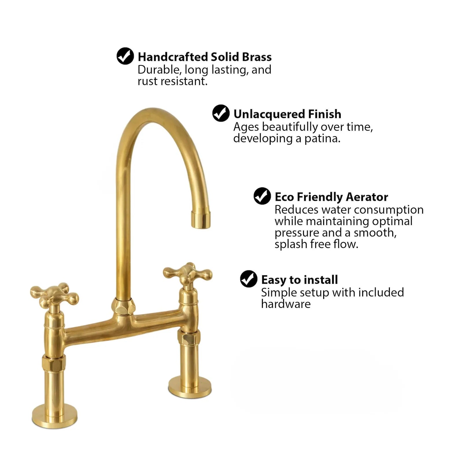 Unlacquered Brass Bridge Kitchen Faucet with Side Sprayer and Drinking Water Tap