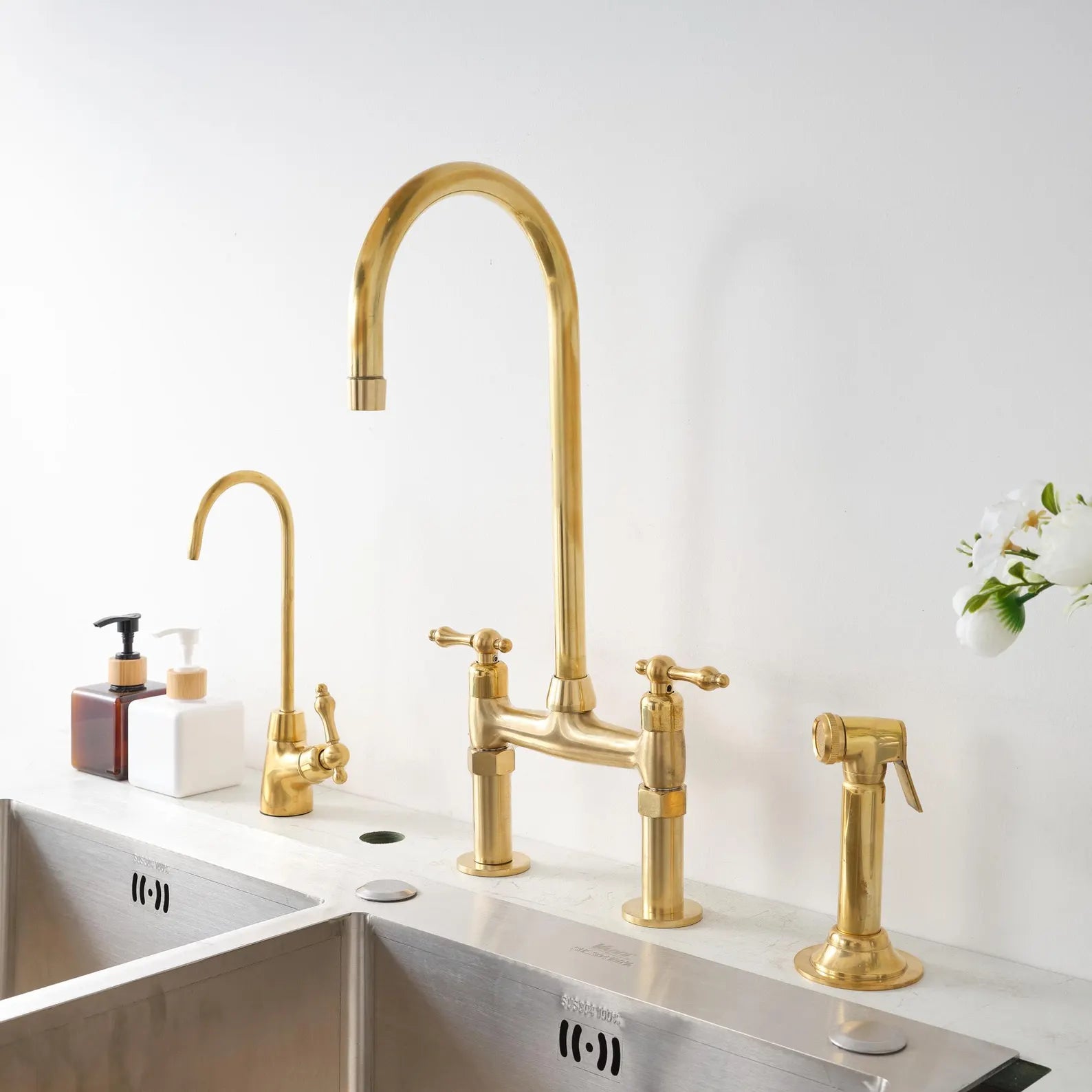Unlacquered Brass Kitchen Bridge Faucet - 6” Core