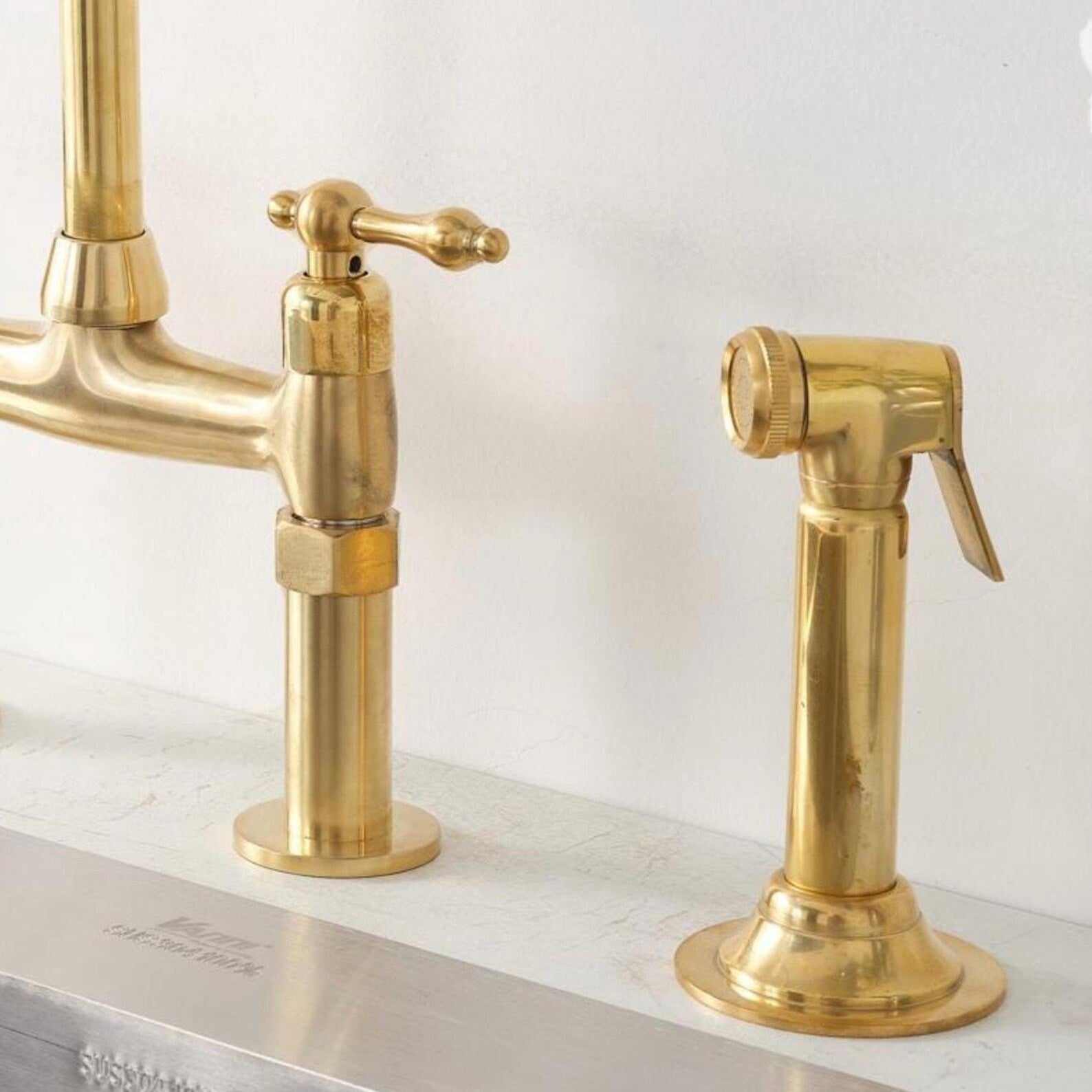 Unlacquered Brass Bridge Kitchen Faucet with Side Sprayer and Drinking Water Tap