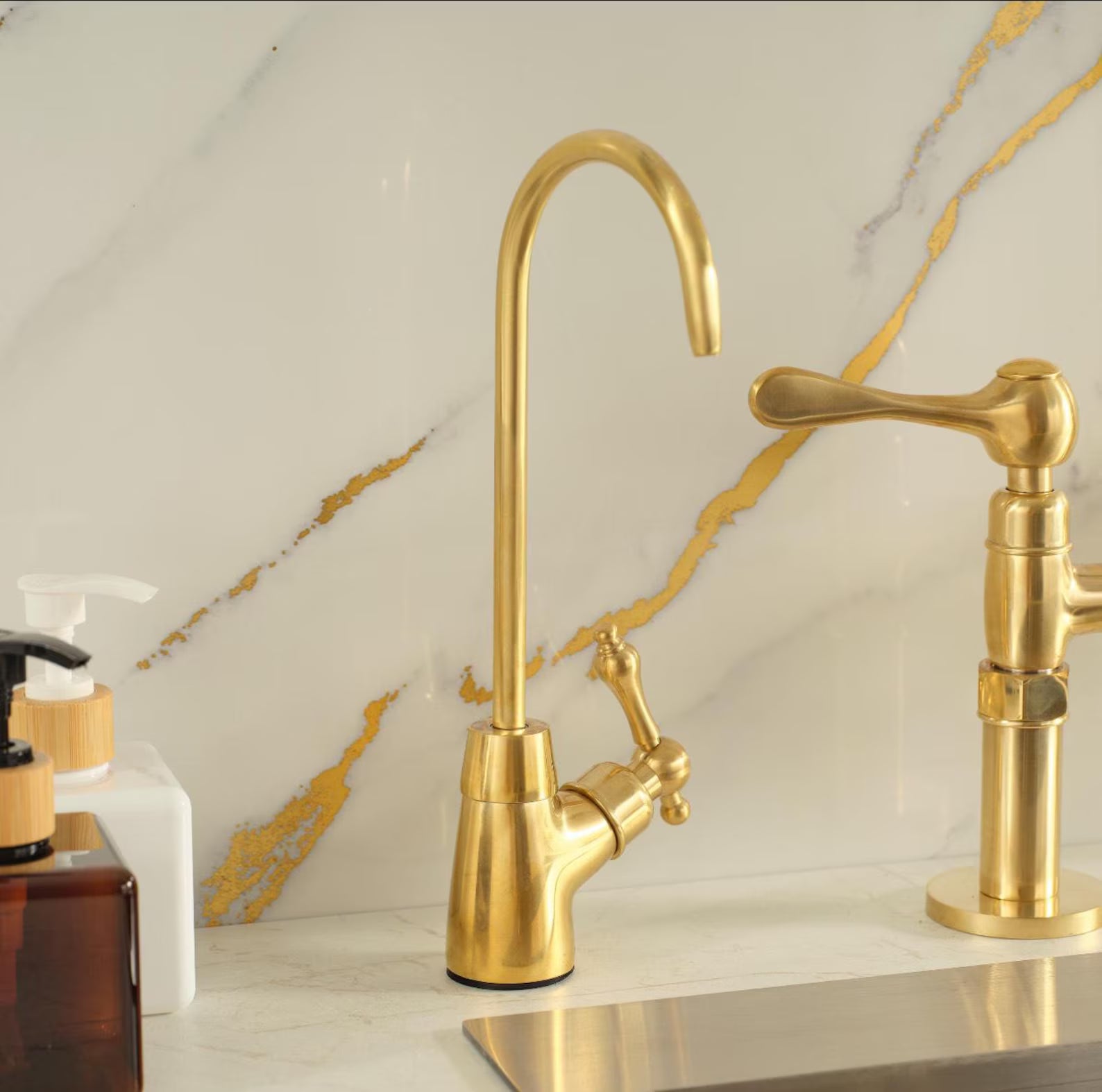 Unlacquered Brass Bridge Kitchen Faucet with Side Sprayer and Drinking Water Tap