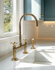 Unlacquered Brass Bridge Kitchen Faucet with Side Sprayer and Drinking Water Tap