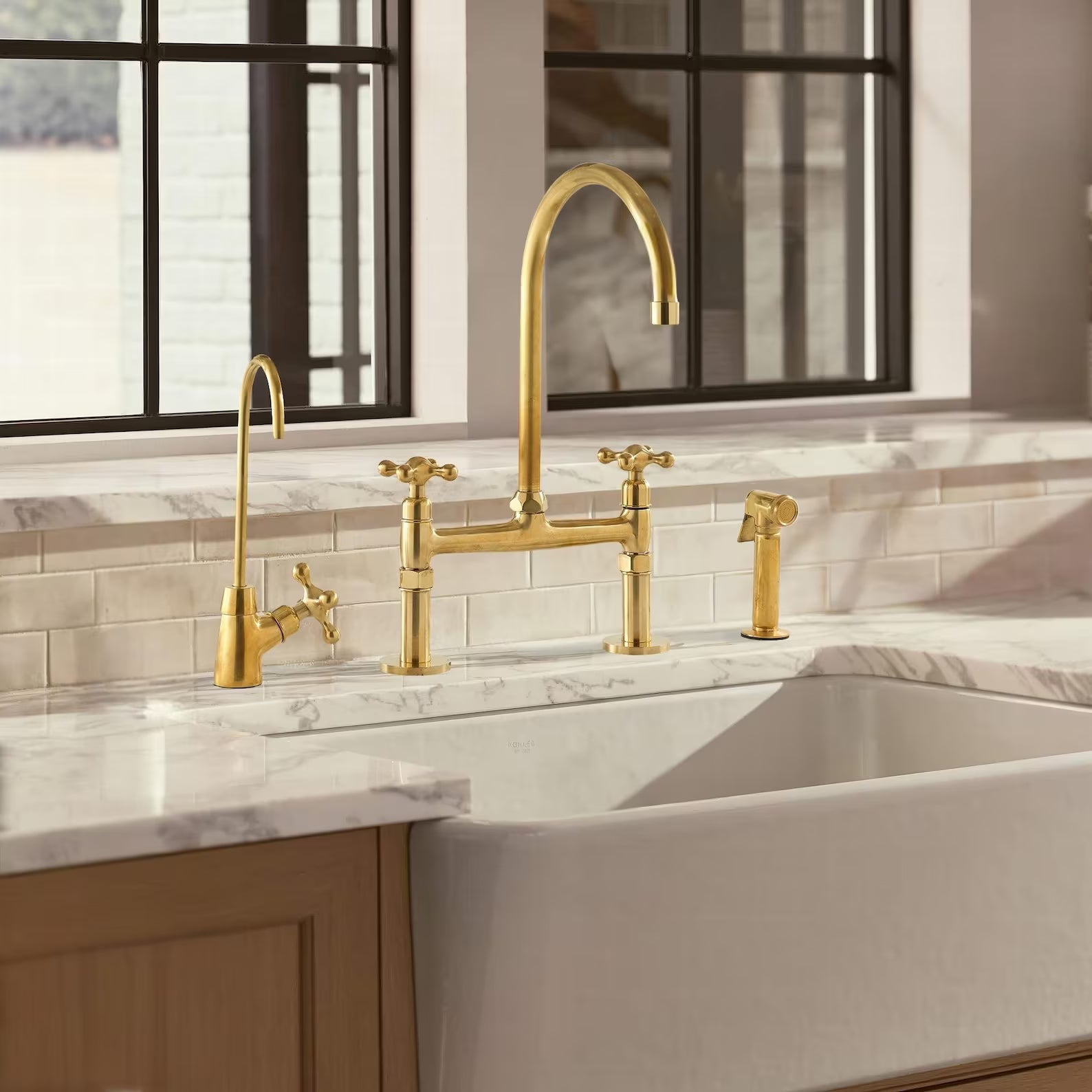 Unlacquered Brass Bridge Kitchen Faucet with Side Sprayer and Drinking Water Tap