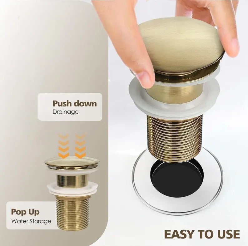 Unlacquered Brass Bathroom Sink Drain, Basin Sink Stopper, Pop up Drain