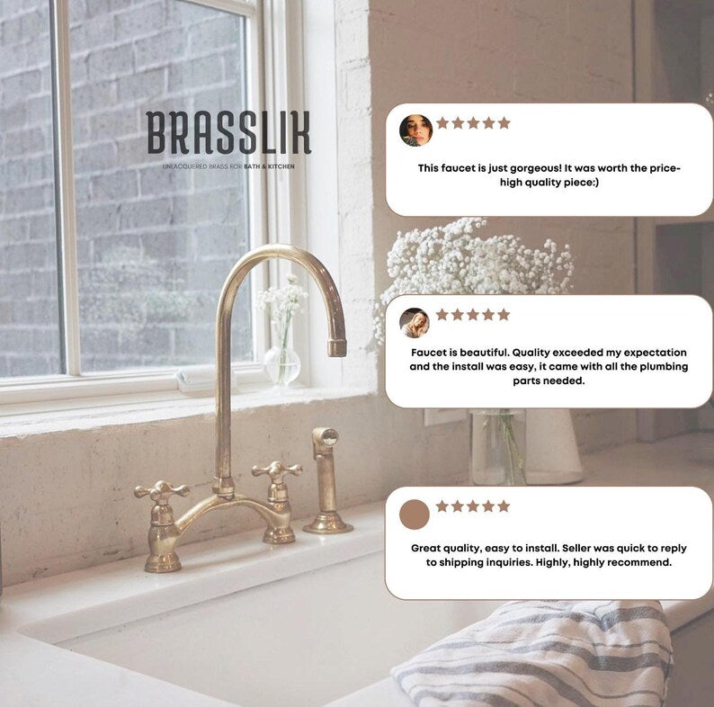 Victorian Unlacquered Brass Bridge Faucet with Sprayer &amp; Drinking Tap