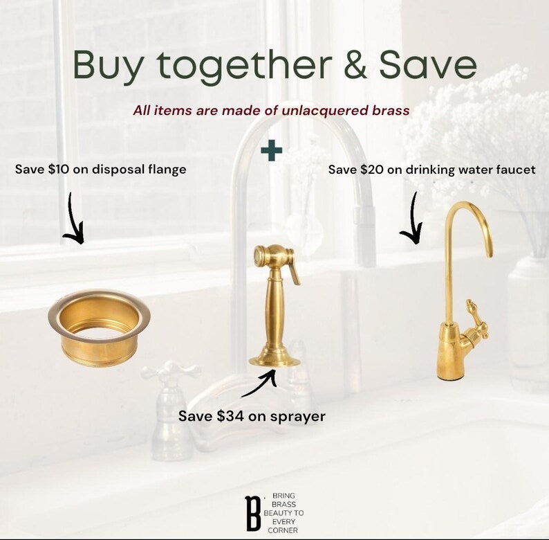 Victorian Unlacquered Brass Bridge Faucet with Sprayer &amp; Drinking Tap