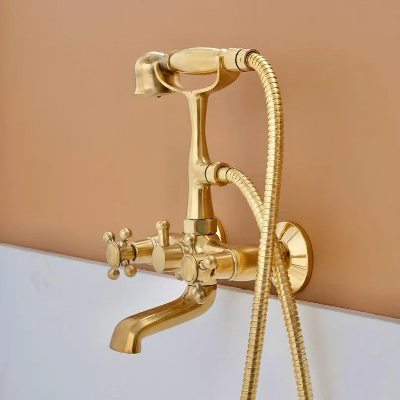 Unlacquered Solid Brass Telephone Tub Filler with Handheld, Deck &amp; Wall Mounted
