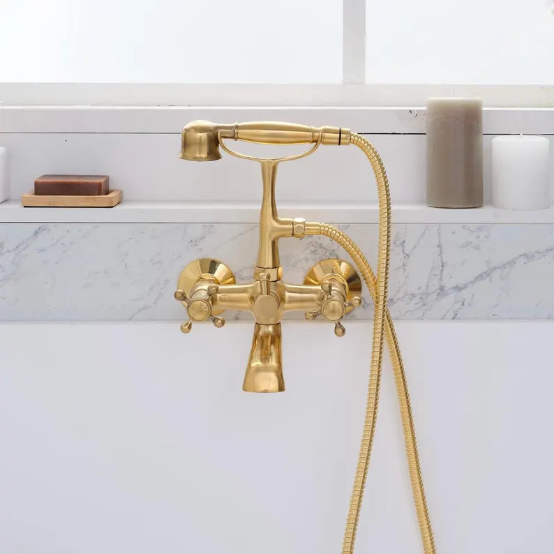 Unlacquered Solid Brass Telephone Tub Filler with Handheld, Deck &amp; Wall Mounted