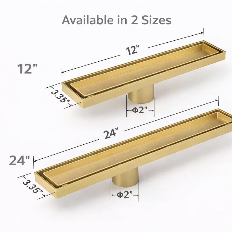 Casada Unlacquered Brass Linear Shower Drain – Tile Insert Bathroom Floor Drain, 12” &amp; 24”