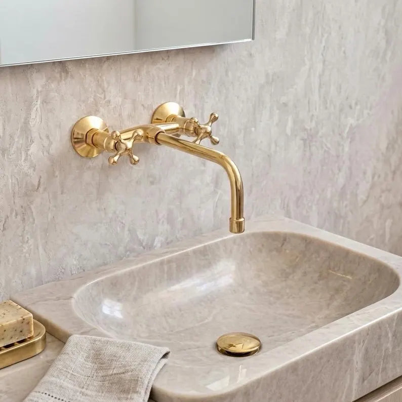 Unlacquered Brass Wall Mount Faucet With Cross Handles