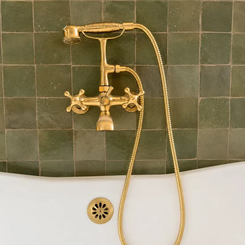 Unlacquered Solid Brass Telephone Tub Filler with Handheld, Deck &amp; Wall Mounted