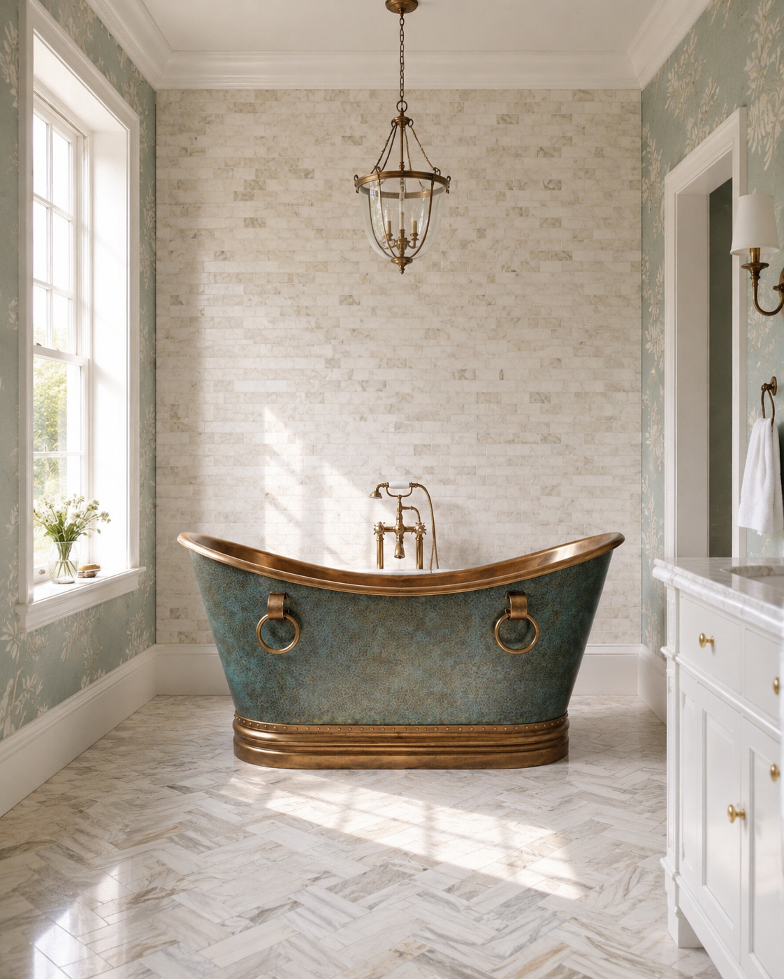 Handcrafted copper freestanding bathtub with verdigris patina