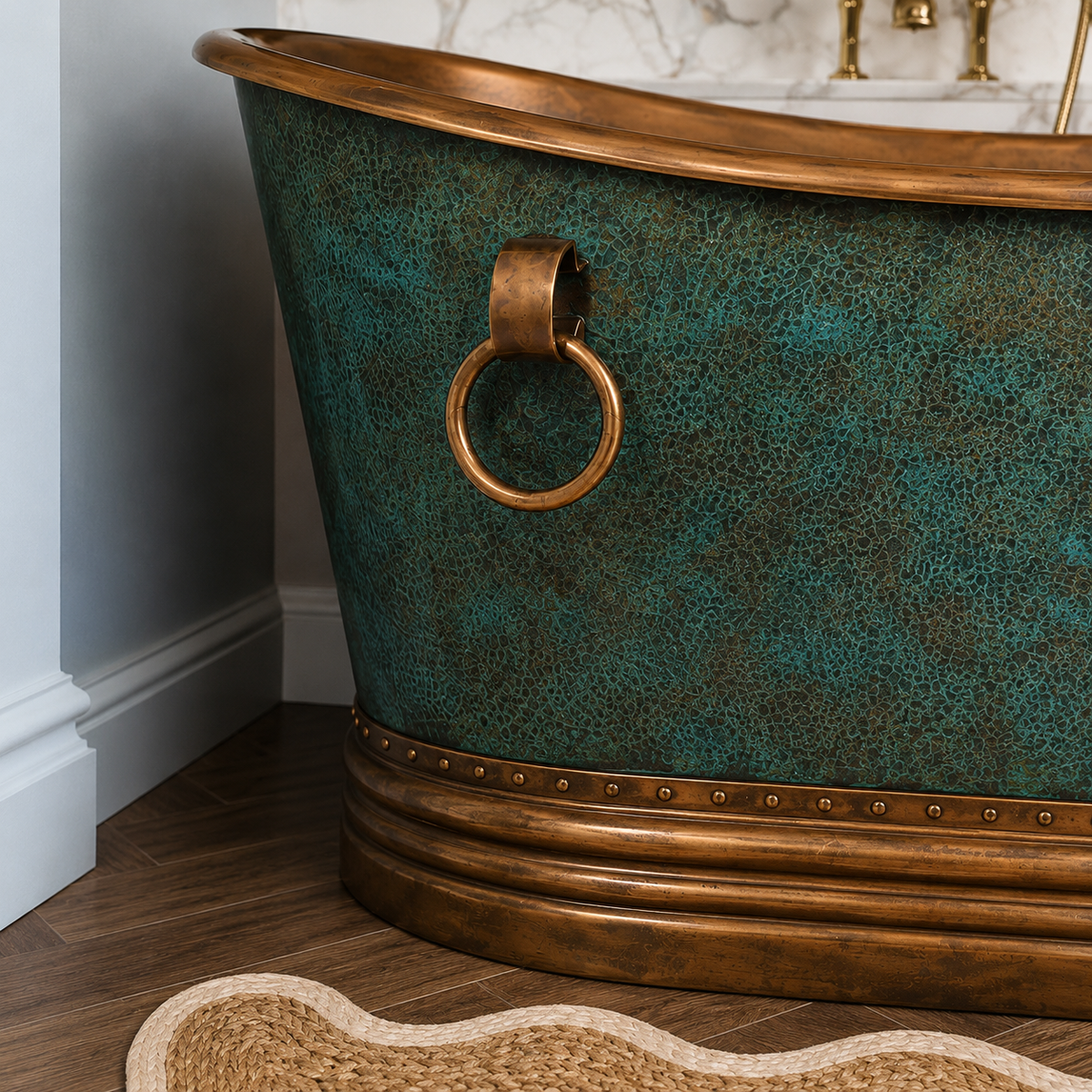 Hand-finished verdigris copper freestanding tub