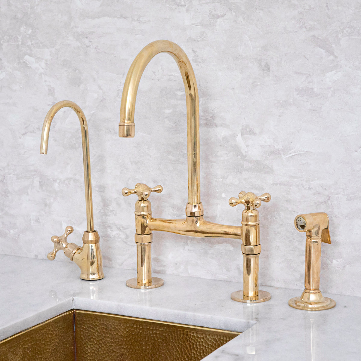 King Size unlacquered brass bridge kitchen faucet