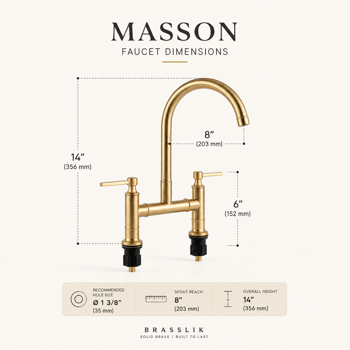 Masson bridge kitchen faucet by Brasslik in unlacquered brass