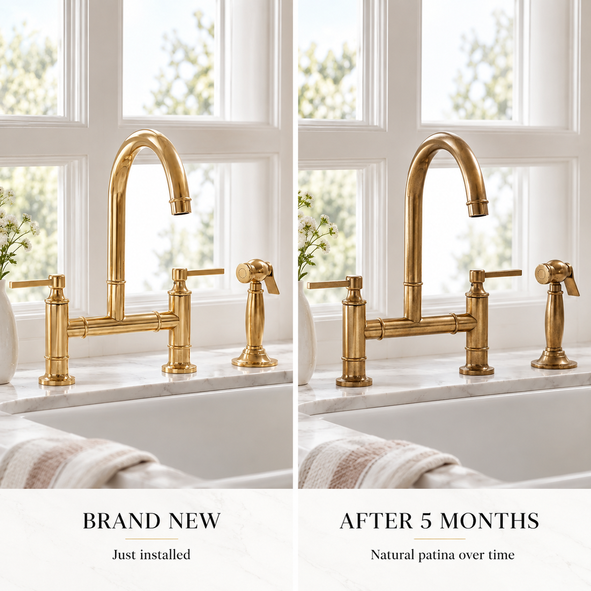 Masson bridge faucet in natural unlacquered brass
