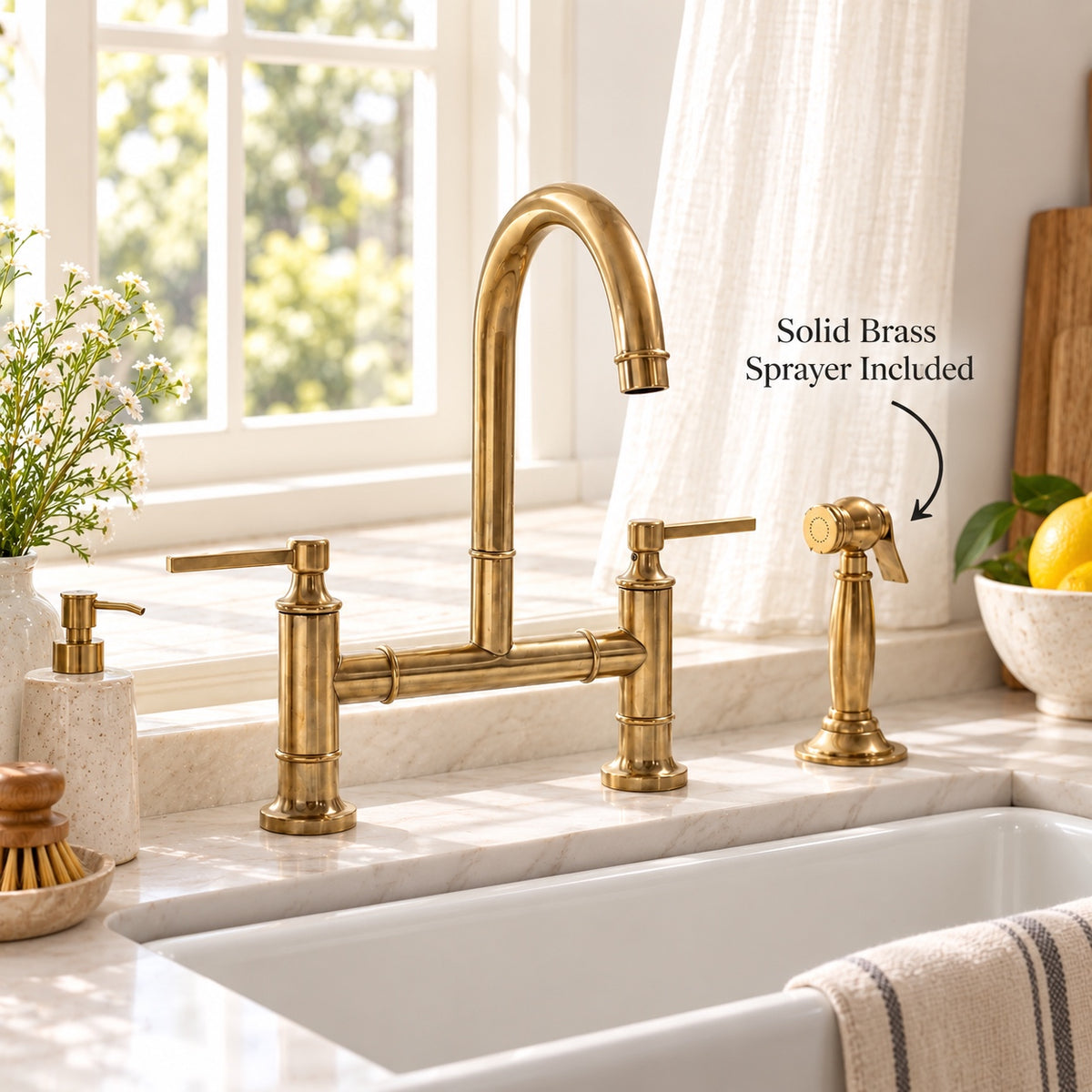 Masson brass bridge faucet that develops a natural patina