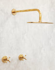 Mykonos style unlacquered brass shower system with rainfall shower and hand shower