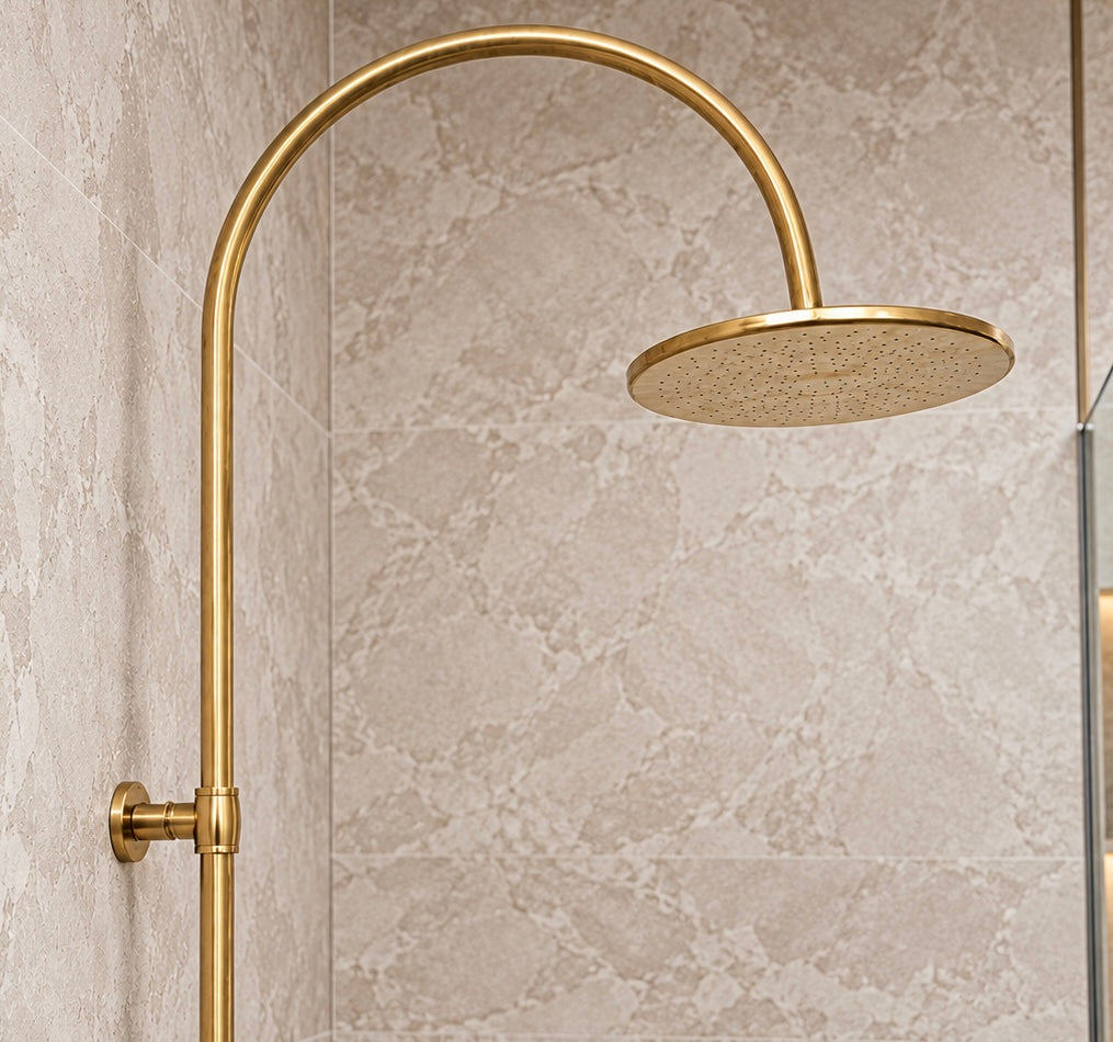 Brasslik Nashville brass shower system, exposed pipe design