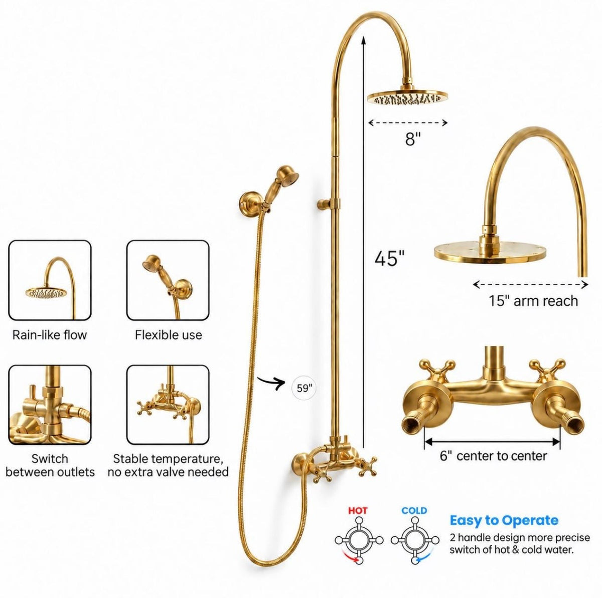 Unlacquered Nashville brass exposed shower fixtures