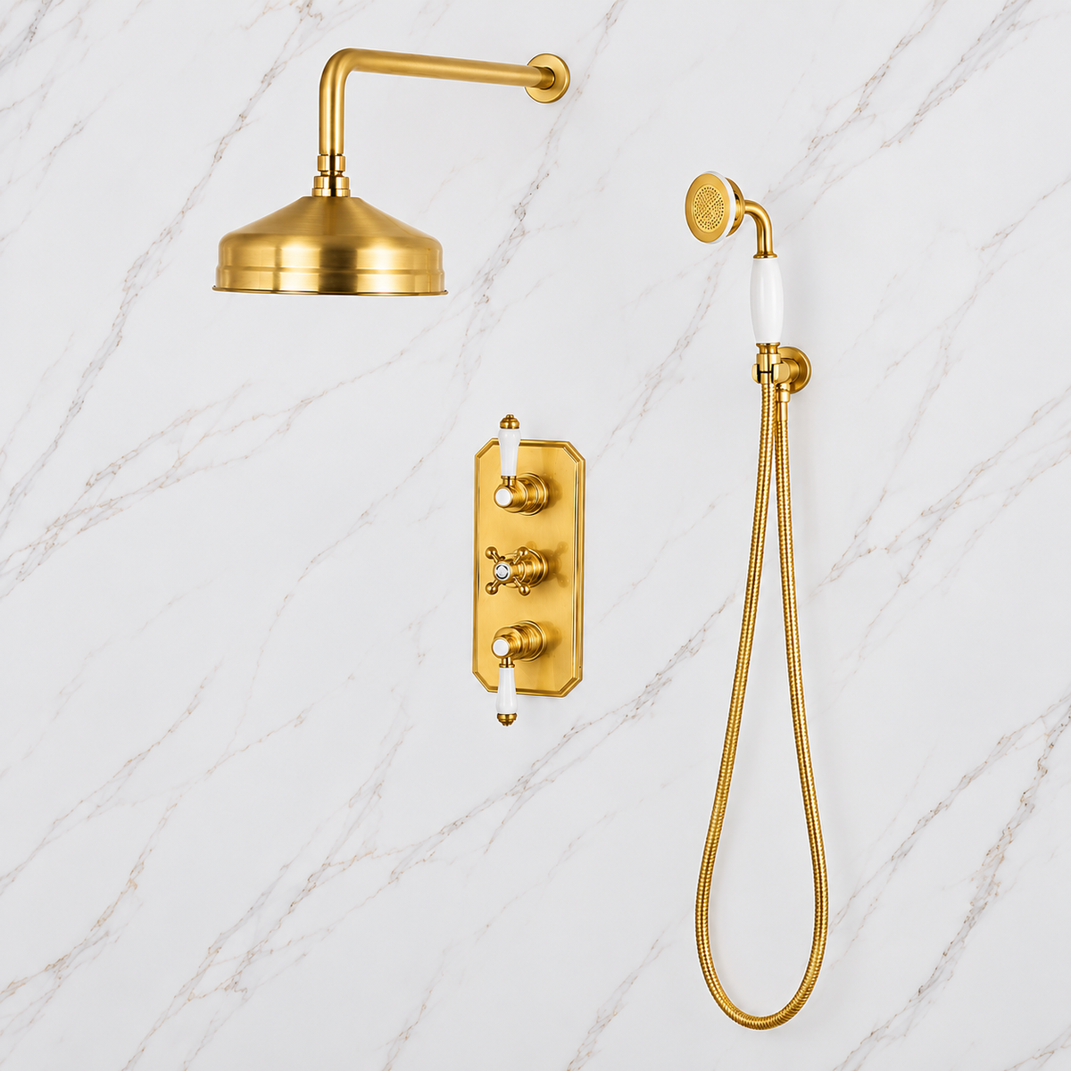 Nebraska thermostatic valve shower set in unlacquered brass