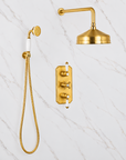 Nebraska thermostatic valve shower set in unlacquered brass