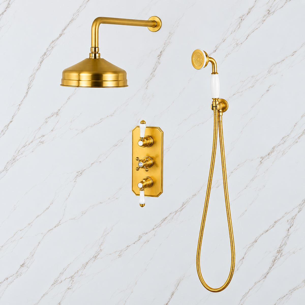 Nebraska unlacquered brass shower fixtures with thermostatic control
