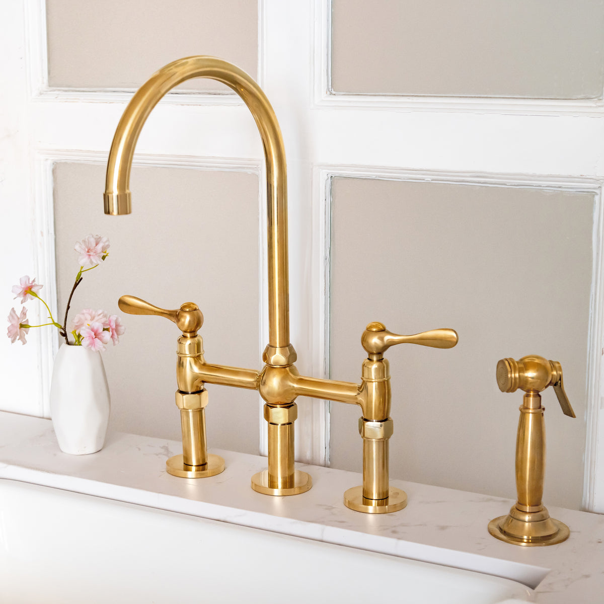 Brasslik Newcastle bridge kitchen faucet in unlacquered brass