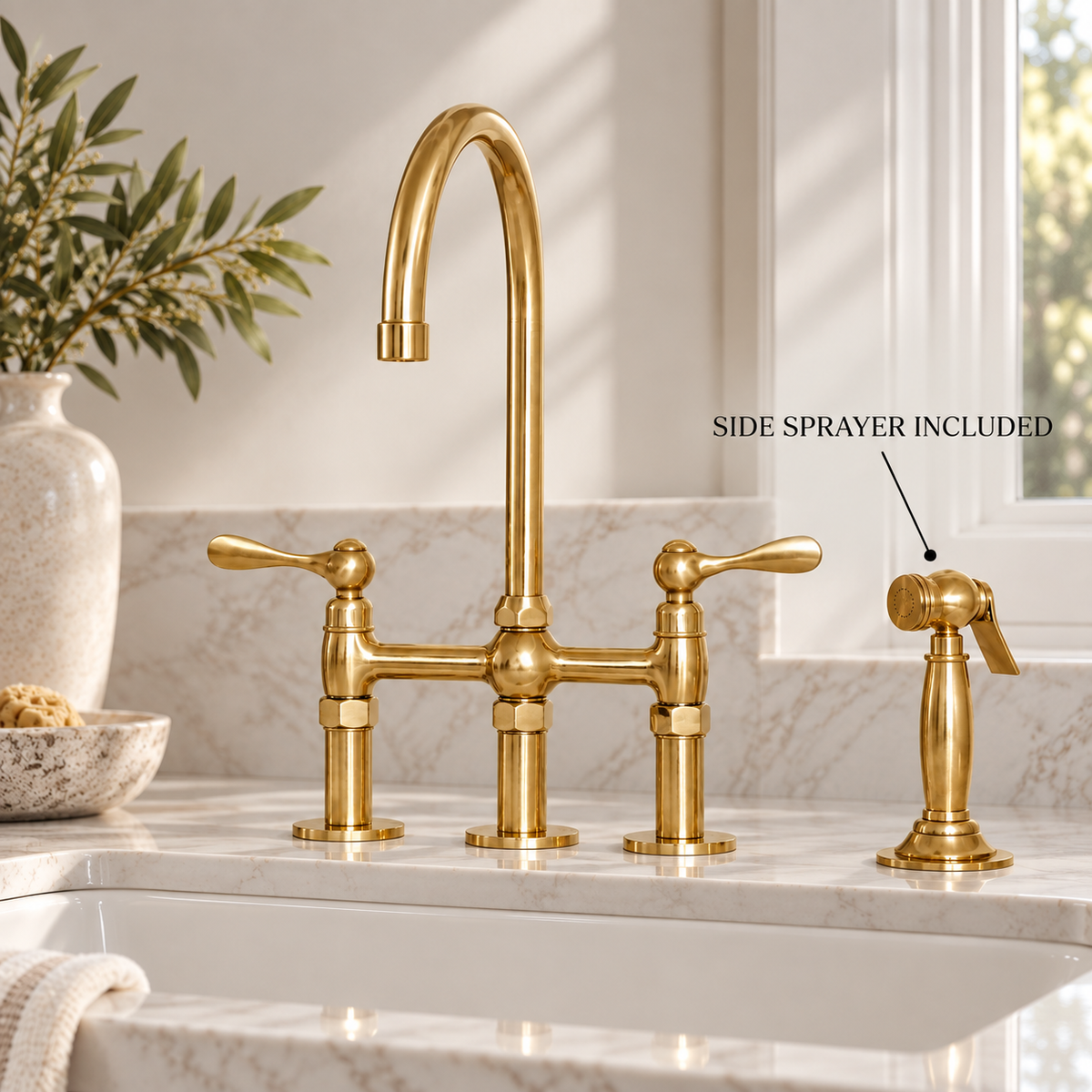 Handcrafted Newcastle unlacquered brass kitchen faucet