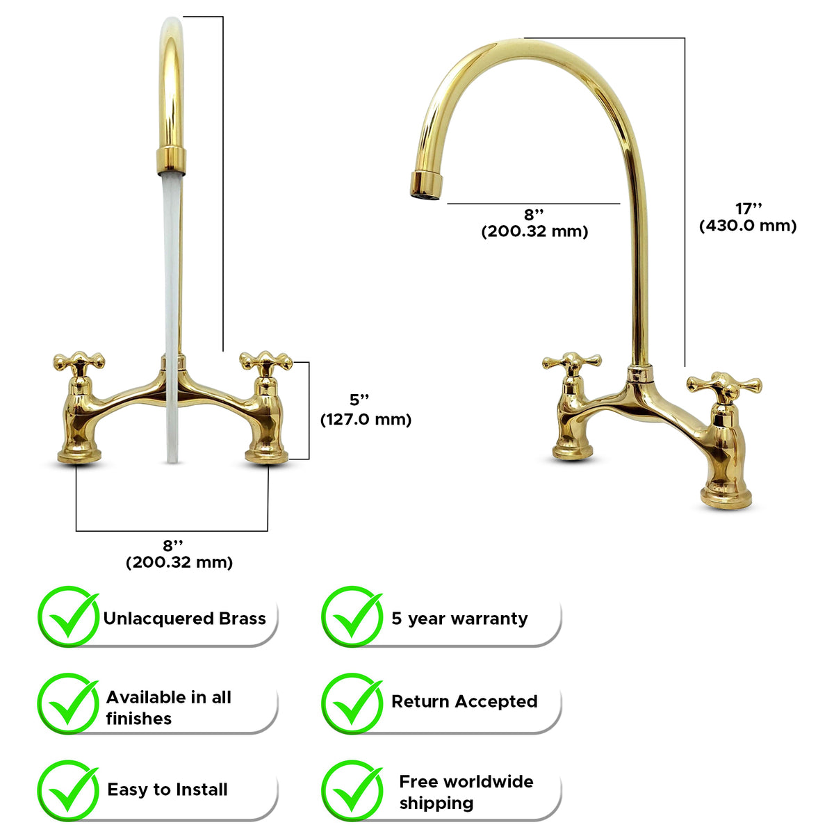 Norfolk brass bridge faucet with high-arc swivel spout