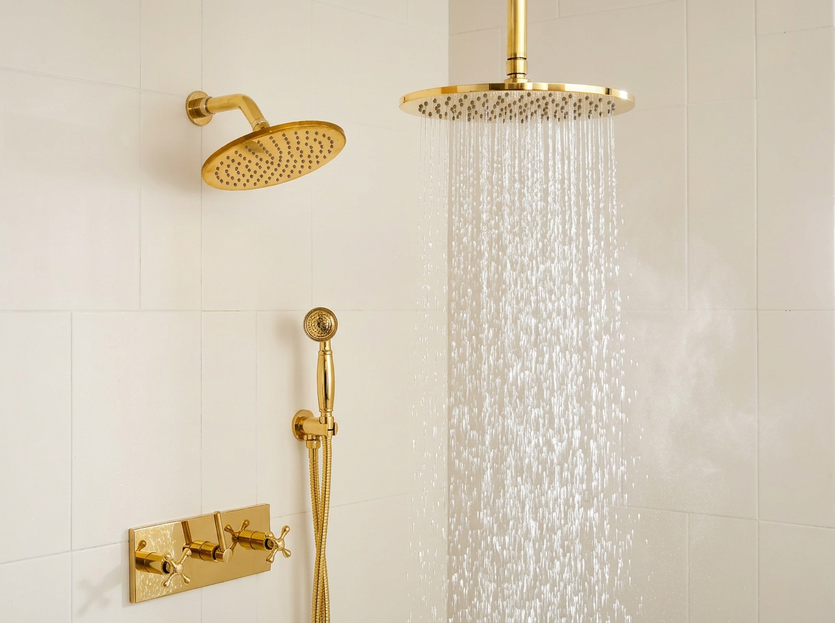 Unlacquered Brass Shower System – Dual Rain Shower with Ceiling Head &amp; Handheld Set