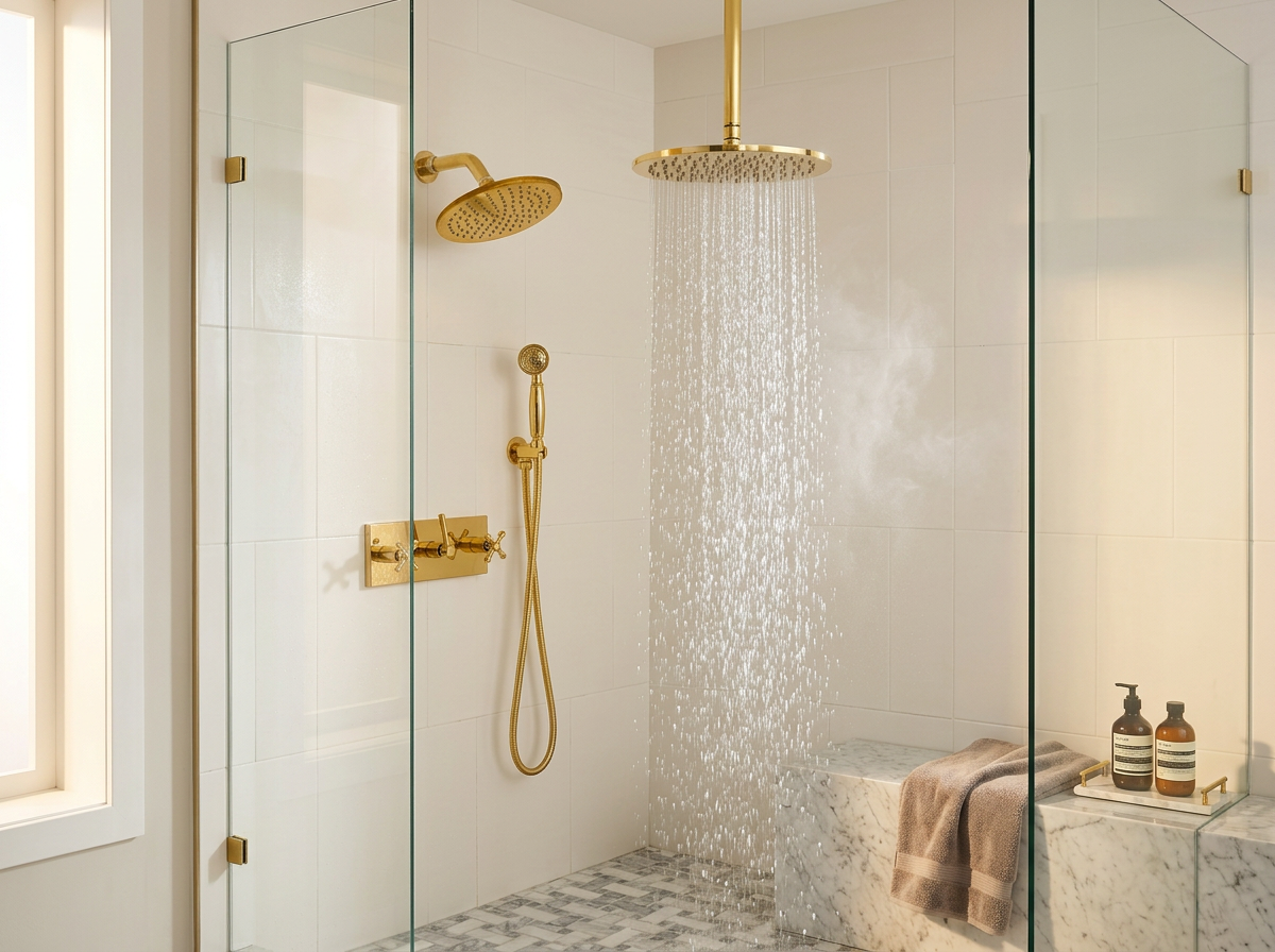 Unlacquered Brass Shower System – Dual Rain Shower with Ceiling Head &amp; Handheld Set