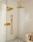 Unlacquered Brass Shower System – Dual Rain Shower with Ceiling Head & Handheld Set