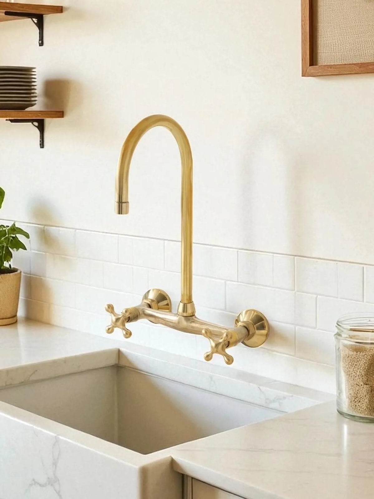 Handcrafted Ramsey wall mounted brass faucet