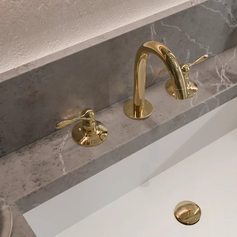 Unlacquered Brass Bathroom Faucet, 3 Holes Deck Mount Faucet