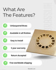 Unlacquered Brass Shower Floor Drain, Solid Brass Square Floor Drain