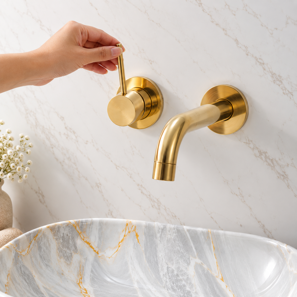 Roswell single handle wall mount tap in unlacquered brass