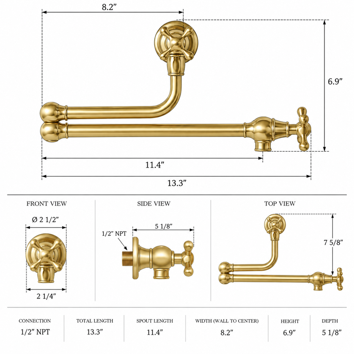 San Diego solid brass pot filler, handcrafted