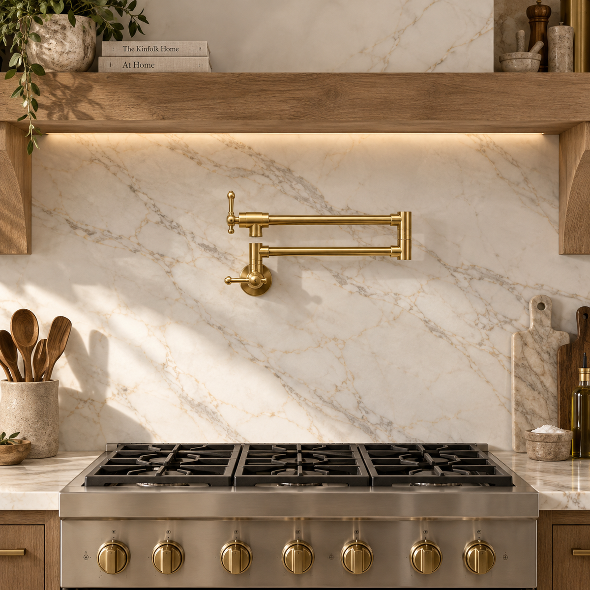 Sartinia brass kitchen pot filler in unlacquered finish