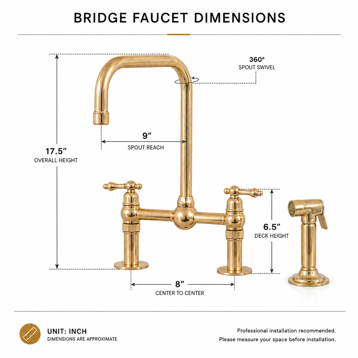 Seven bridge kitchen faucet in natural unlacquered brass