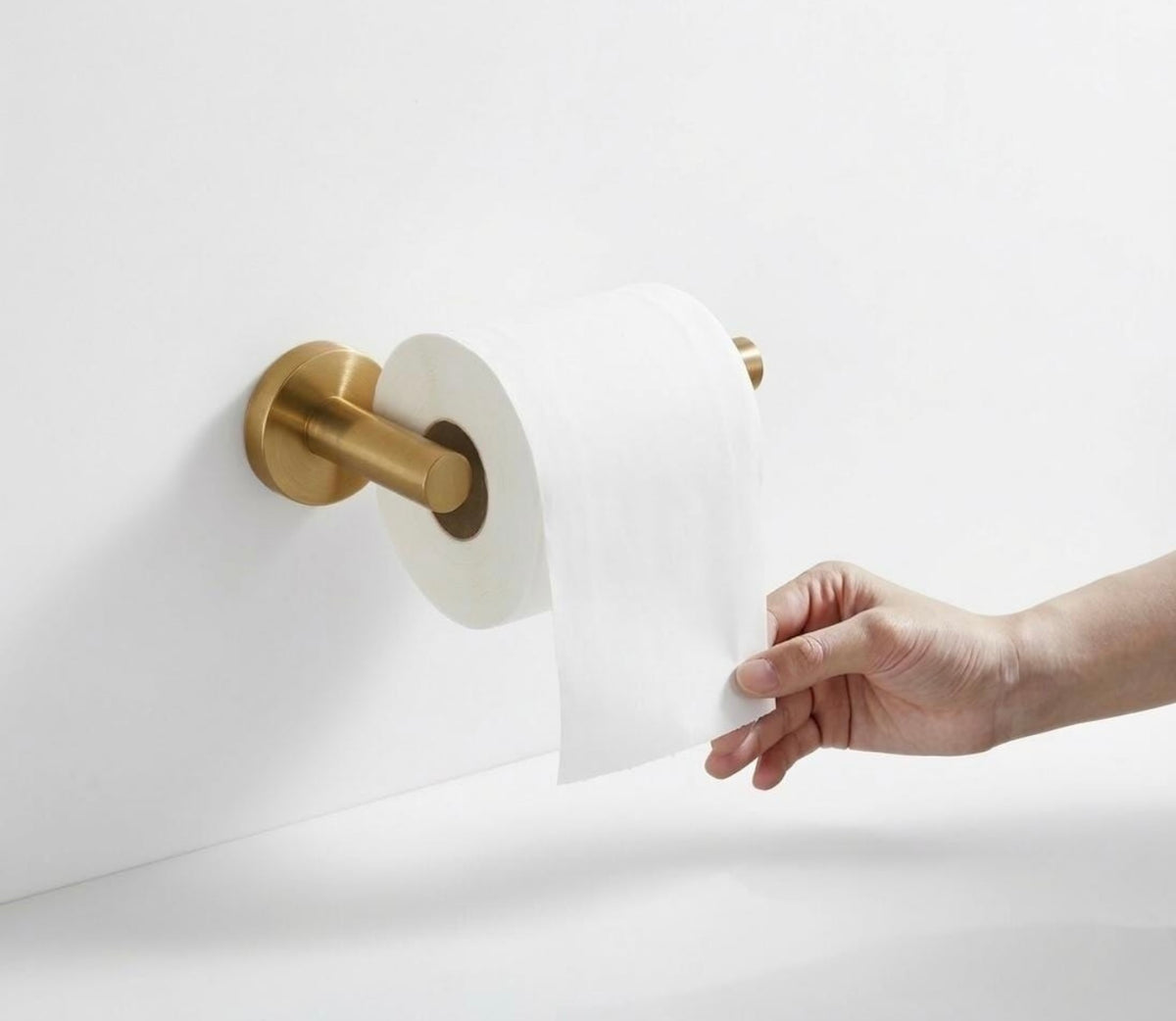 Unlacquered Brass Toilet Paper Holder Mounted on Wall with Hand Pulling Tissue