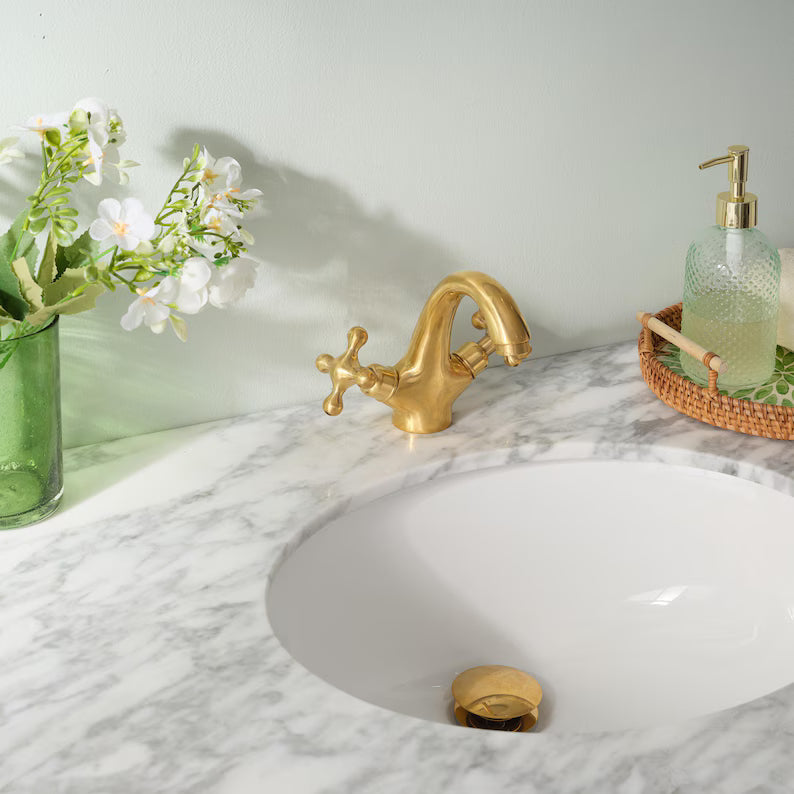 Unlacquered brass bathroom faucet with optional overflow or non-overflow drain