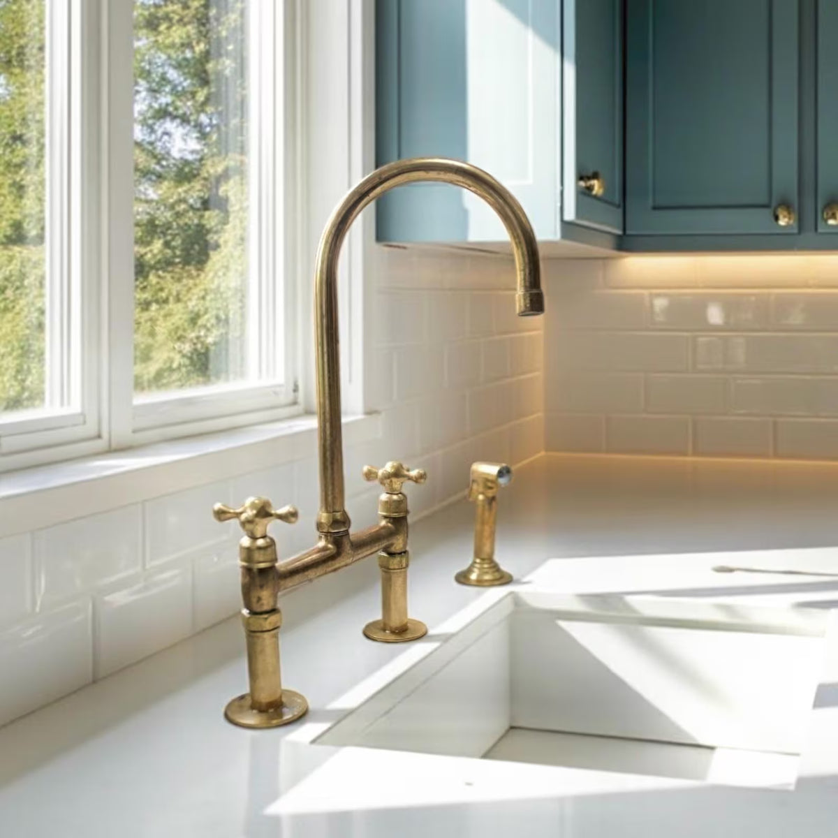 Unlacquered brass bridge kitchen faucet with side sprayer and drinking water tap