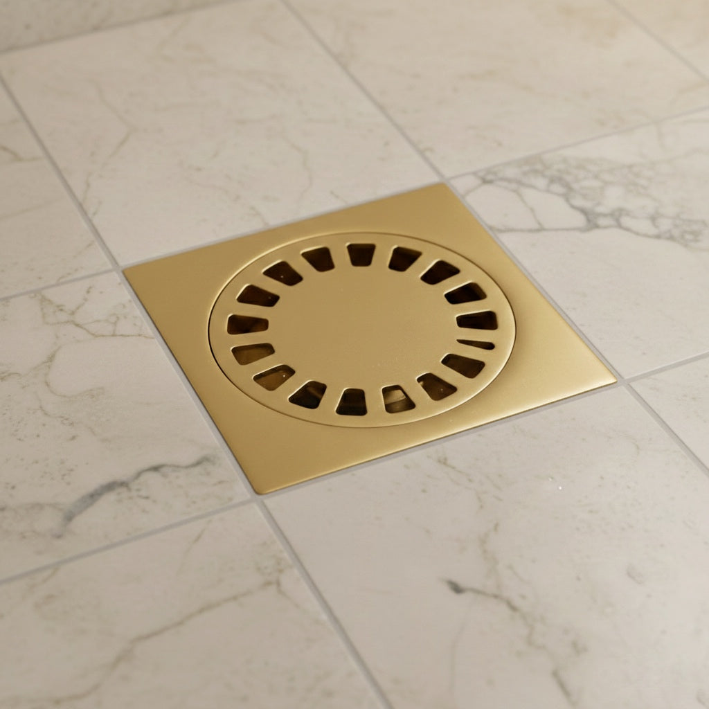 Unlacquered brass floor drain, solid brass square