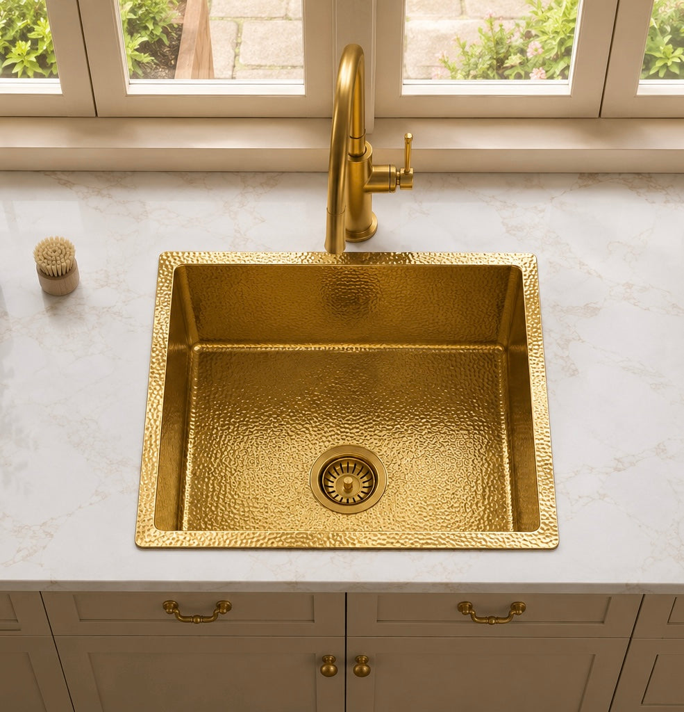 Handcrafted hammered brass kitchen sink by Brasslik