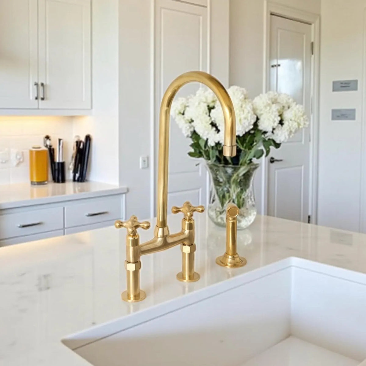 Unlacquered brass kitchen bridge faucet with 6 inch core