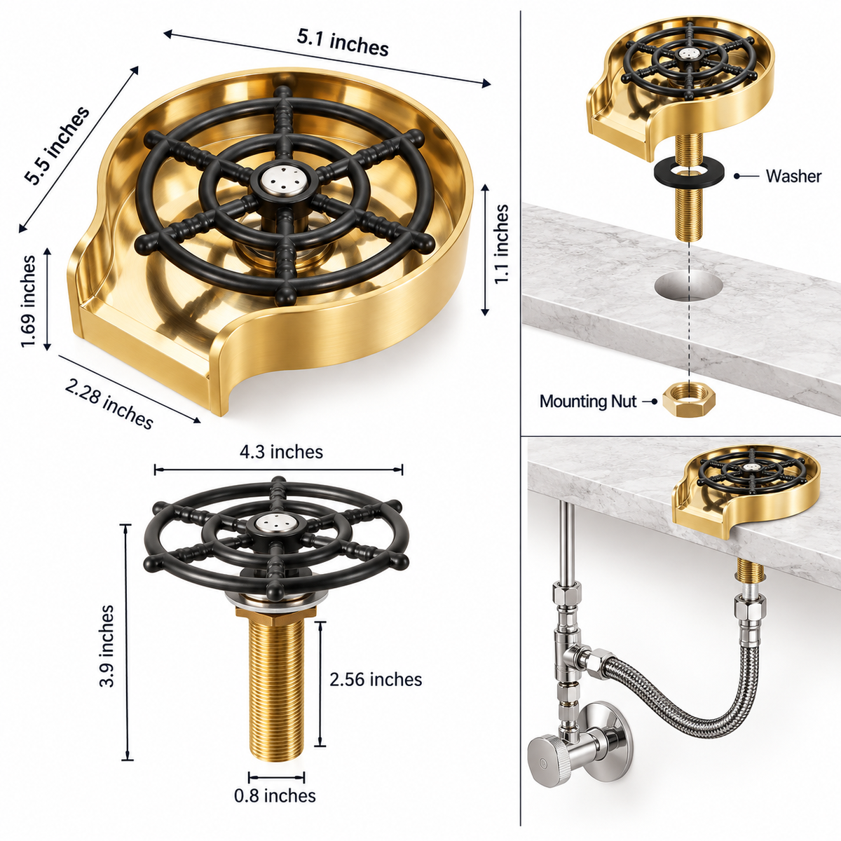 Brass cup cleaner and glass rinser for kitchens