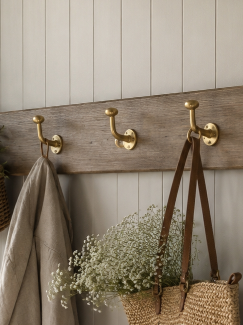 Brass Wall Hooks Mounted on Wood Board with Hanging Robe and Bag