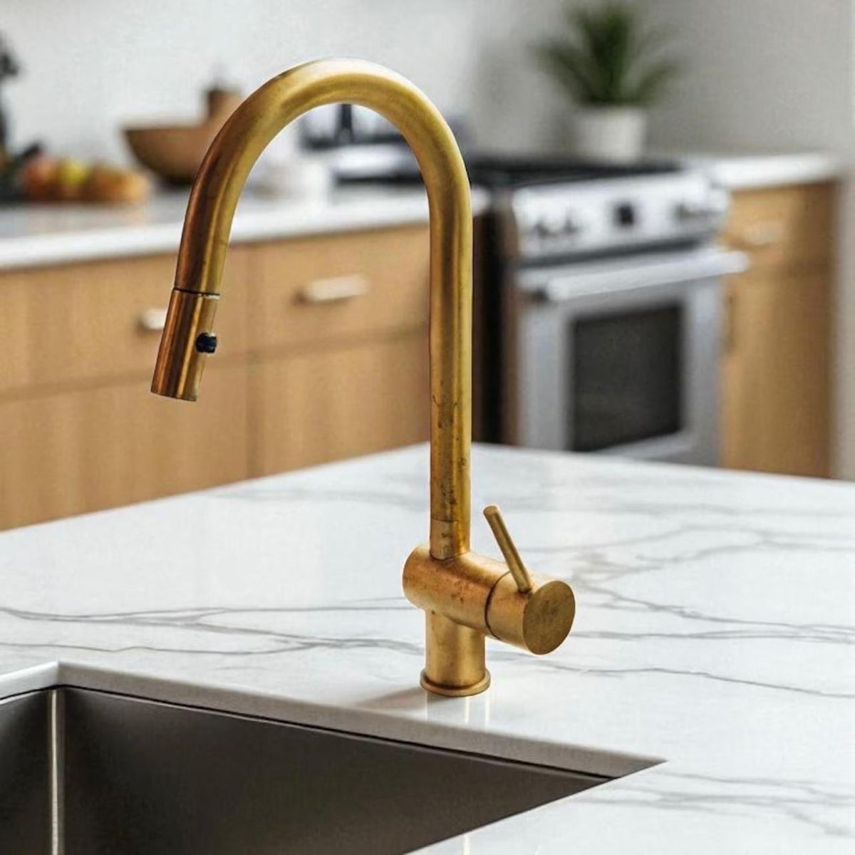 Unlacquered brass pull down kitchen faucet