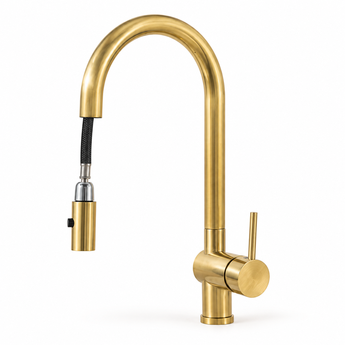 Solid unlacquered brass pull-down kitchen faucet with spray head